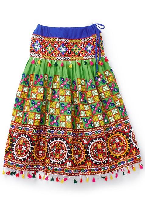 Girls Orange Green Embroidered Ready To Wear Lehenga Blouse With Dupatta