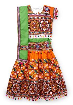 Girls Embroidered Cotton Ready To Wear Lehenga Blouse With Dupatta