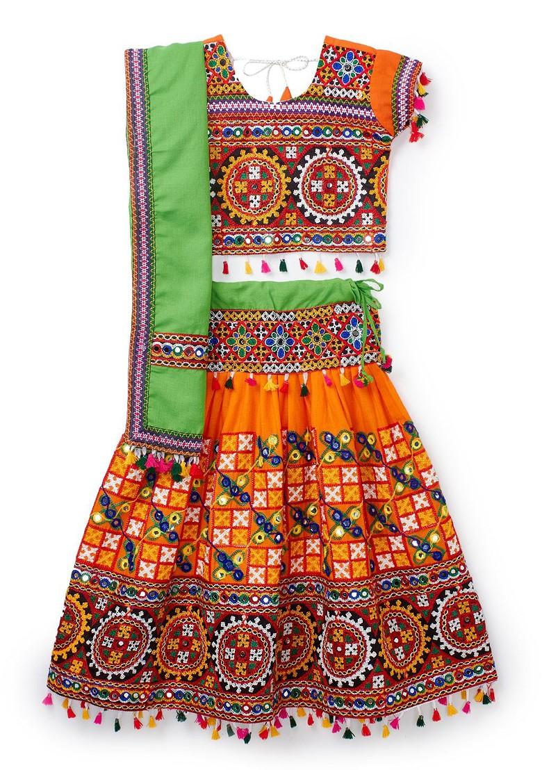 Girls Embroidered Cotton Ready To Wear Lehenga Blouse With Dupatta