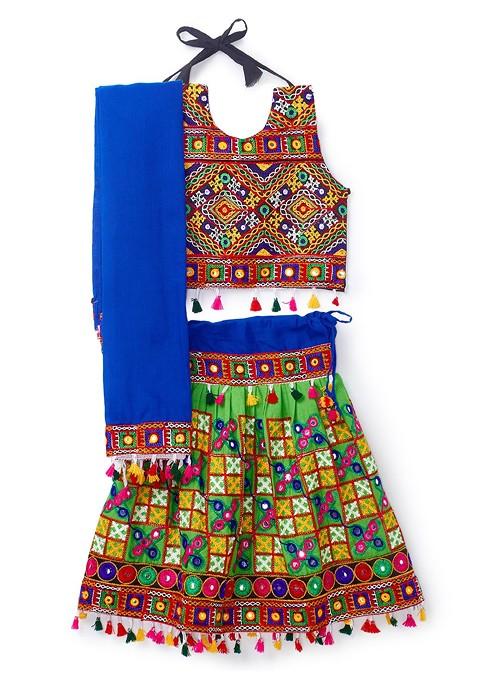 Girls Cotton Embroidered Ready To Wear Lehenga Blouse With Dupatta