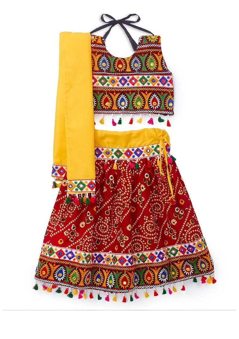 Girls Embroidered Cotton Ready To Wear Lehenga Blouse With Dupatta