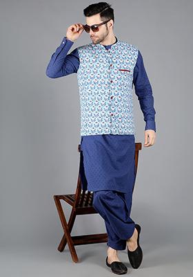 Blue Alhena Block Print Bundi Jacket For Men