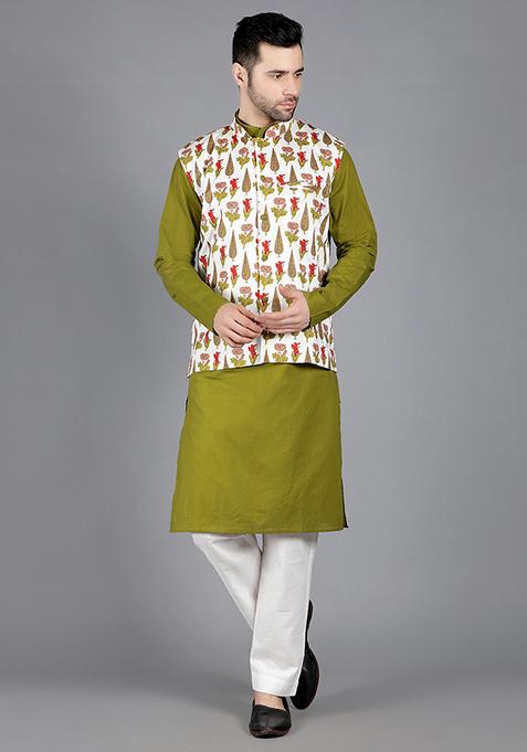 Multicolour Saiph Floral Print Cotton Bundi Jacket For Men