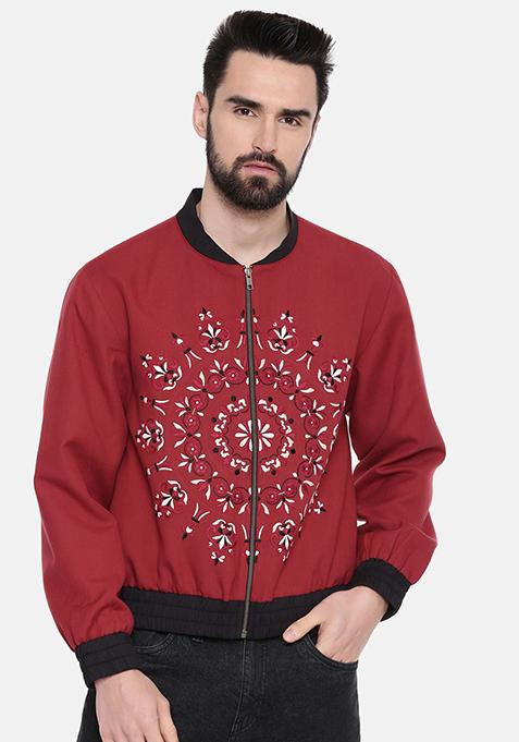 Red Mandala Embroidered Bomber Jacket For Men