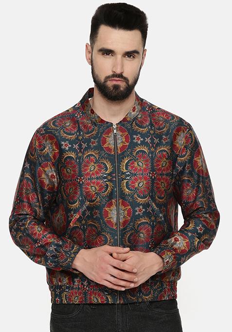 Red And Green Printed Bomber Jacket For Men