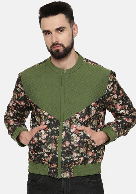Green And Black Quilted Bomber Jacket For Men