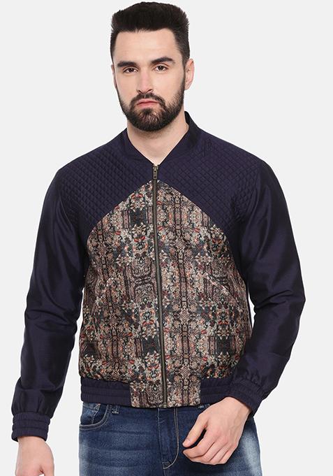 Blue And Beige Quilted Bomber Jacket For Men