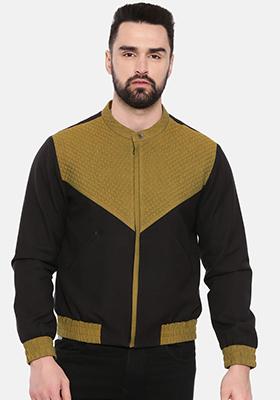 Black And Green Cotton Linen Bomber Jacket For Men