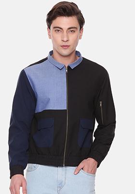 Black And Blue Cotton Bomber Jacket For Men