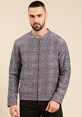 Blue Linen Bemberg Printed Jacket For Men