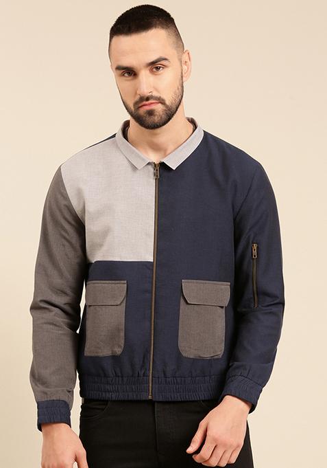 Navy Blue And Charcoal Cotton Bomber Jacket For Men