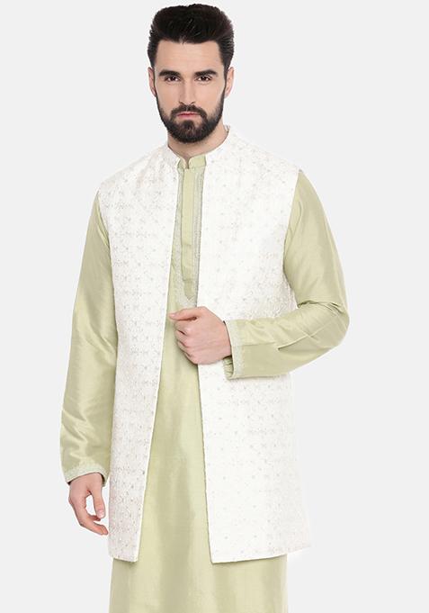 Ivory Embroidered Long Open Jacket For Men