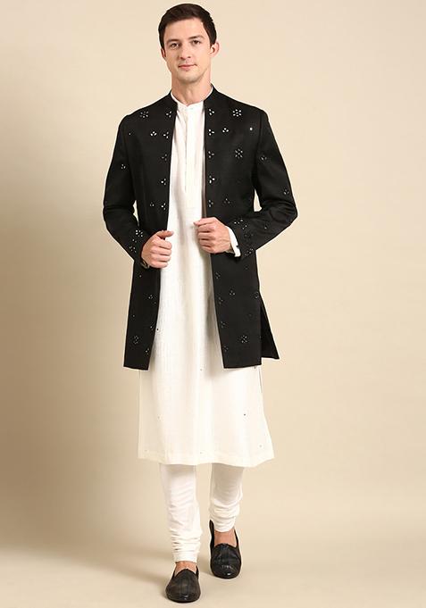 Black Mirror Embroidered Long Open Jacket For Men