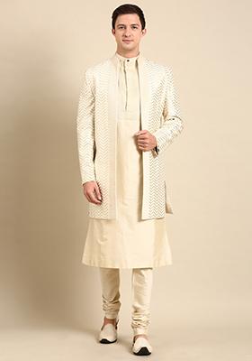 Ivory Chanderi Silk Long Open Jacket For Men