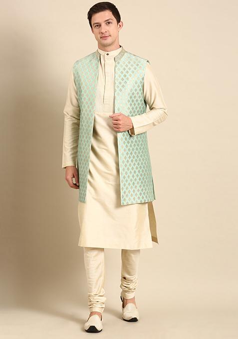 Pastel Green Banarasi Silk Long Open Jacket For Men