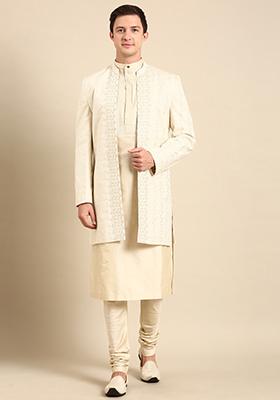 Ivory Jacquard Silk Long Open Jacket For Men