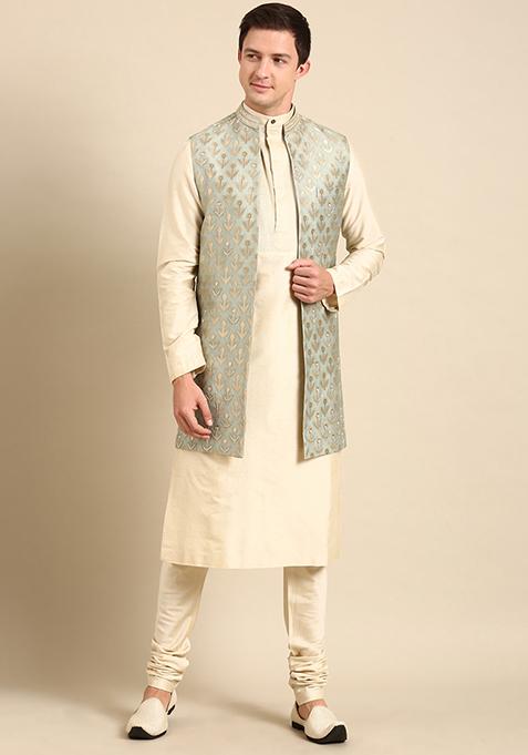 Pista Green Banarasi Silk Long Open Jacket For Men