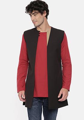 Black Cotton Open Jacket For Men