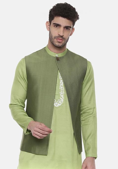 Green Silk Open Jacket For Men