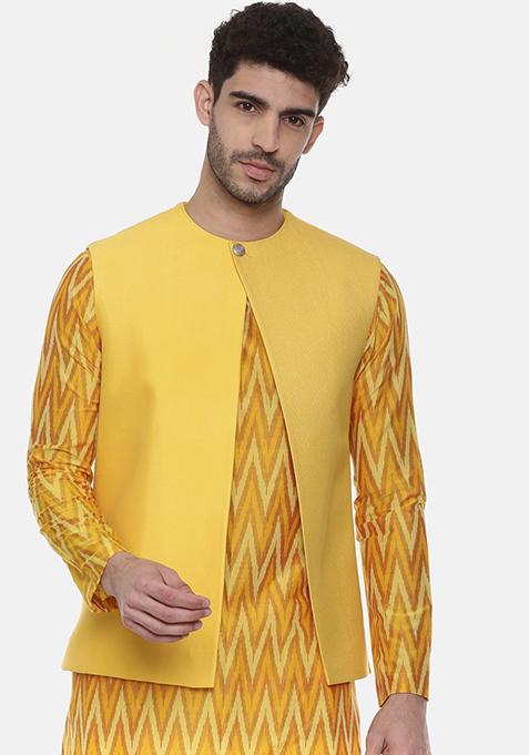 Yellow Silk Open Jacket For Men