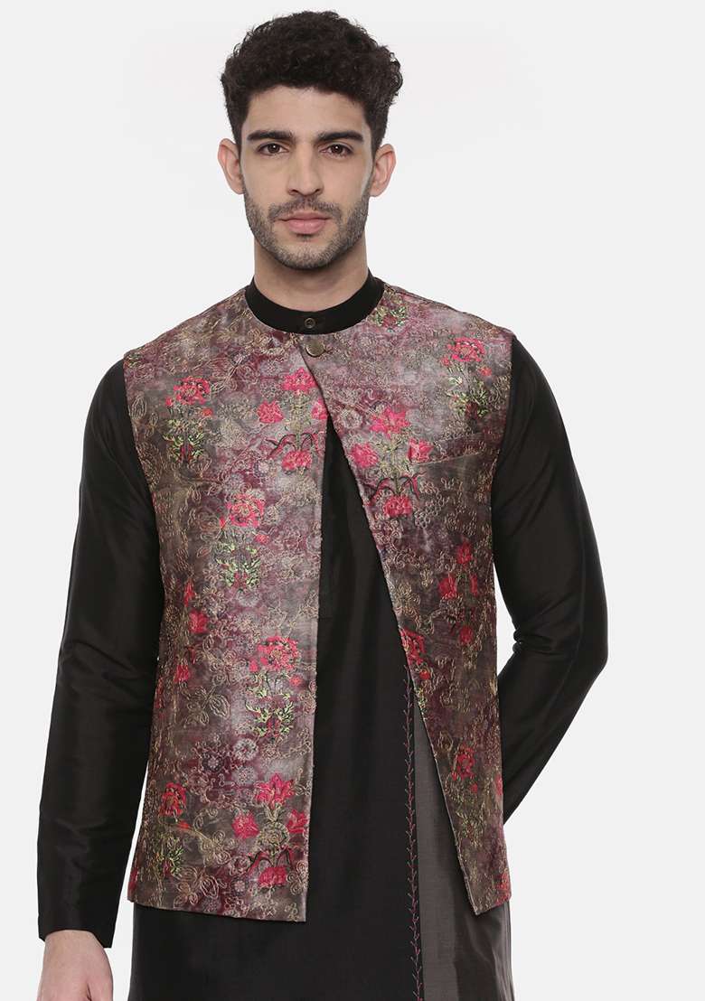 Pink Printed Silk Blend Open Jacket For Men - Indya