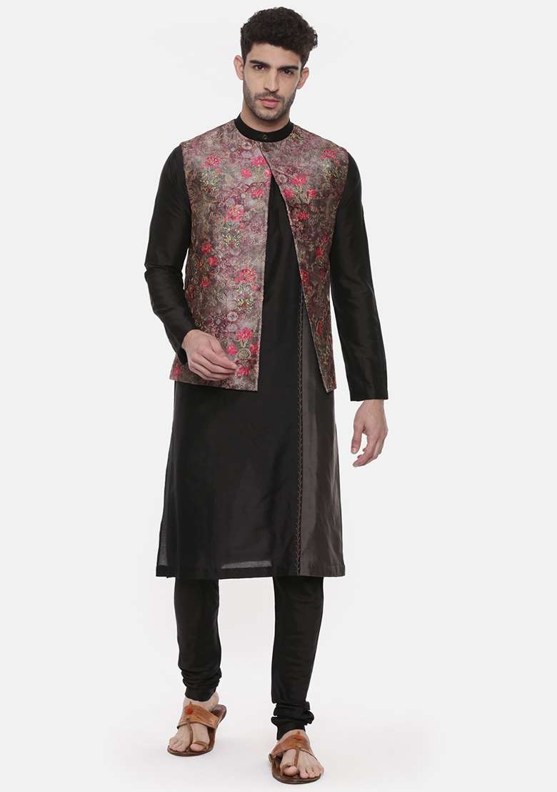 Pink Printed Silk Blend Open Jacket For Men - Indya