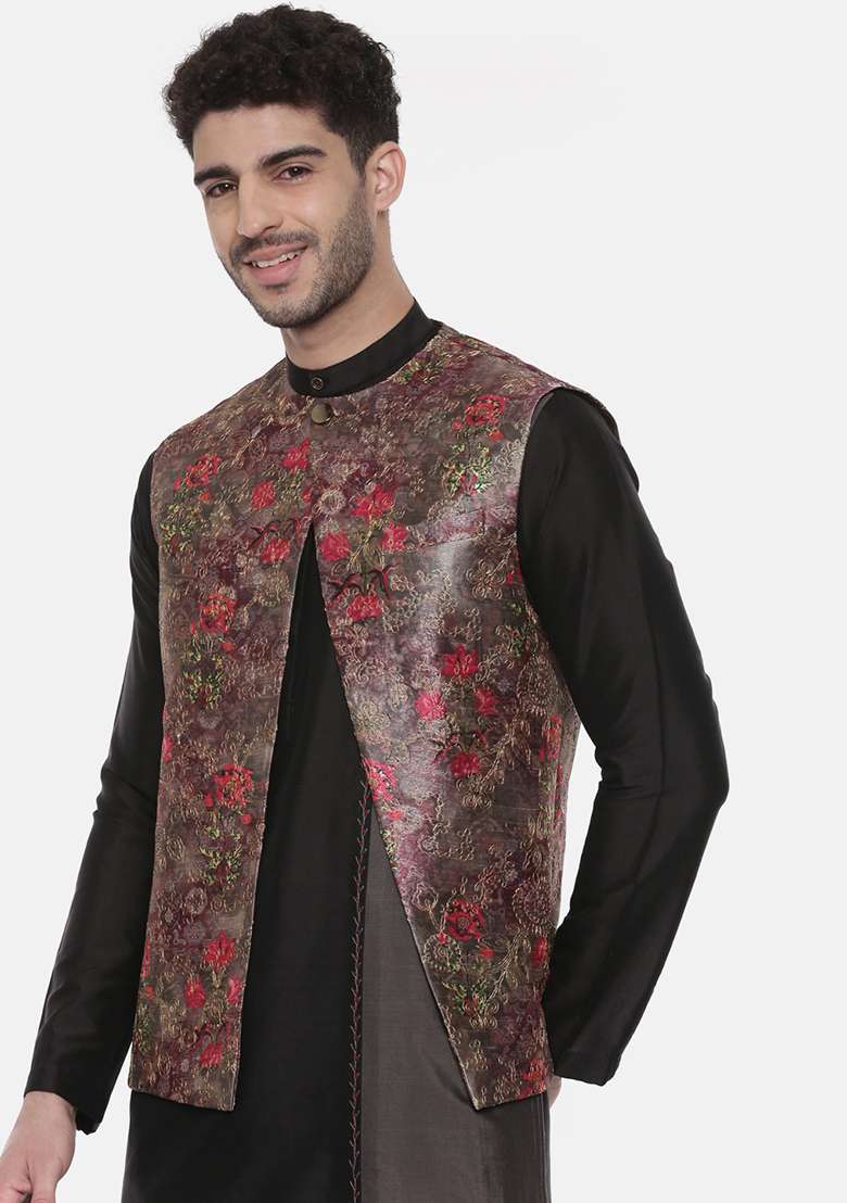 Pink Printed Silk Blend Open Jacket For Men - Indya