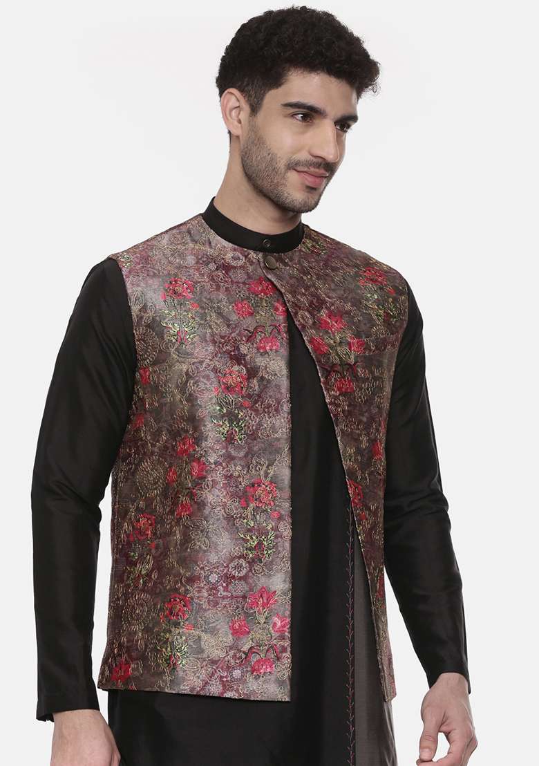 Pink Printed Silk Blend Open Jacket For Men - Indya