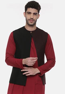 Black Pintuck Silk Open Jacket For Men