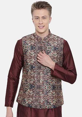 Brown Printed Chanderi Nehru Jacket For Men