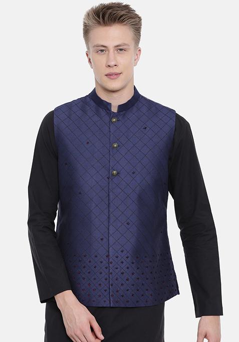 Navy Blue Embroidered Silk Nehru Jacket For Men