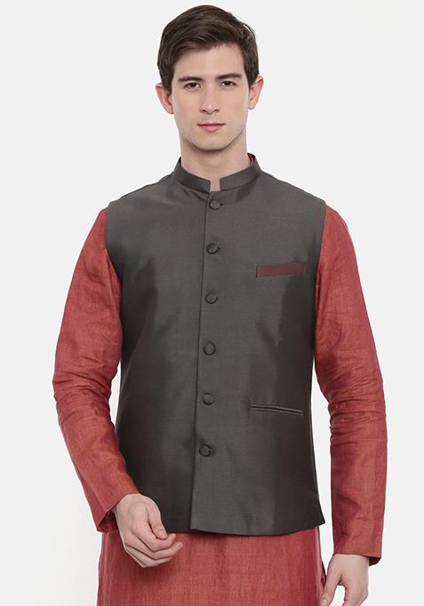 Charcoal Grey Classic Nehru Jacket For Men