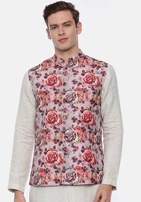 Pink Floral Print Linen Nehru Jacket For Men
