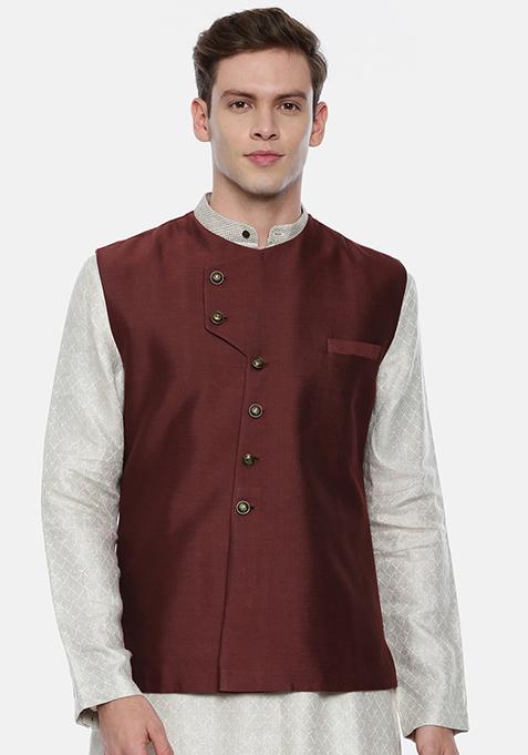Brown Classic Silk Nehru Jacket For Men