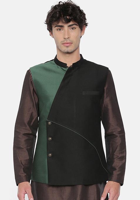 Black And Green Cotton Silk Nehru Jacket For Men