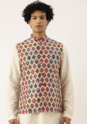 Beige Printed Chanderi Nehru Jacket For Men