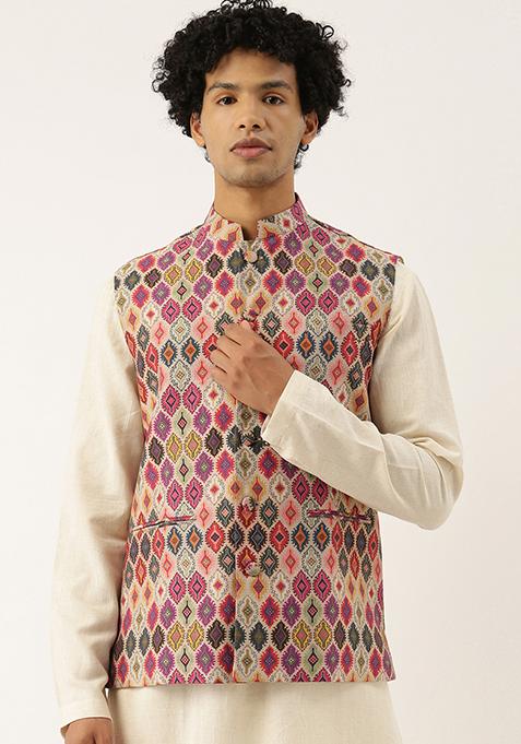 Beige Multicolour Printed Chanderi Nehru Jacket For Men