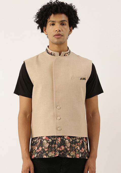 Beige Printed Chanderi Jacket For Men