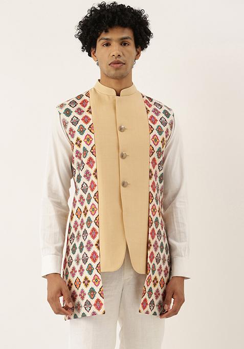 Beige Printed Buttoned Nehru Jacket For Men