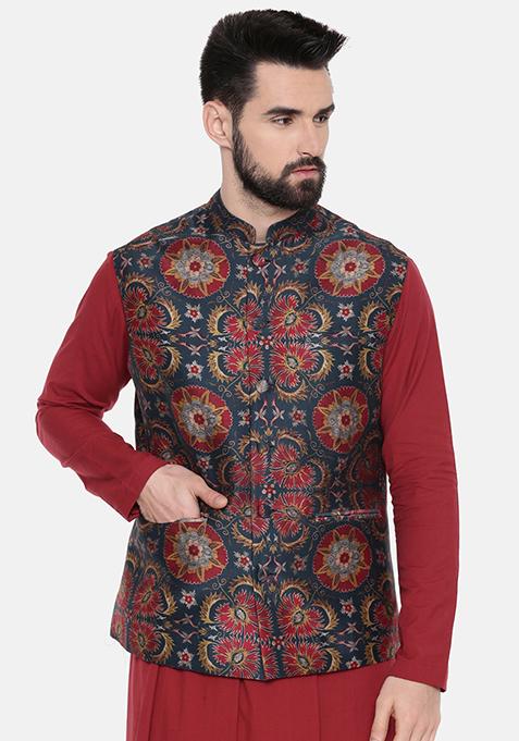 Red And Green Printed Chanderi Silk Nehru Jacket For Men