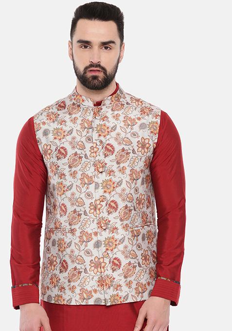 Grey Floral Print Muslin Nehru Jacket For Men
