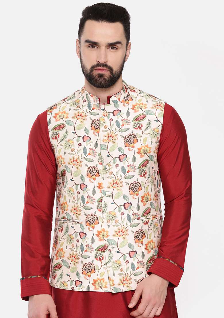 Off White Floral Print Muslin Nehru Jacket For Men - Indya
