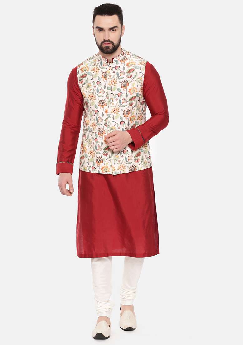Off White Floral Print Muslin Nehru Jacket For Men - Indya