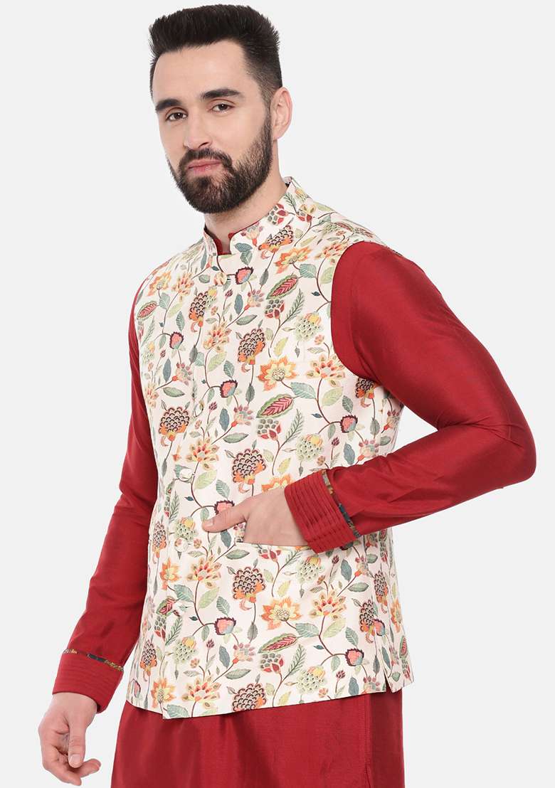Off White Floral Print Muslin Nehru Jacket For Men - Indya
