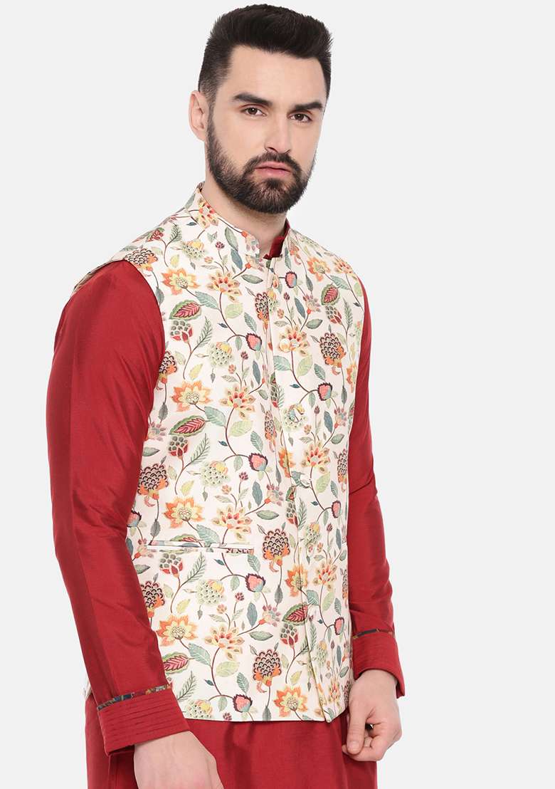 Off White Floral Print Muslin Nehru Jacket For Men - Indya