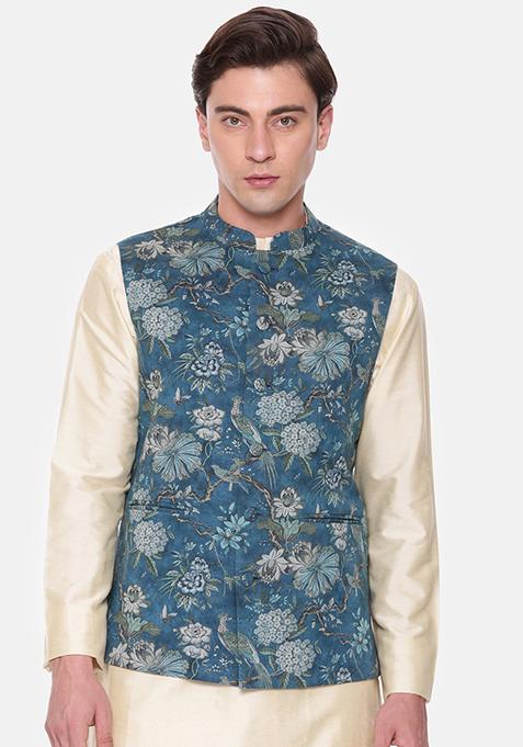 Blue Floral Print Mulmul Nehru Jacket For Men