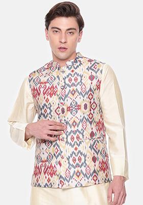 Red And Beige Printed Muslin Nehru Jacket For Men