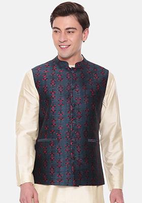 Blue Printed Chanderi Nehru Jacket For Men