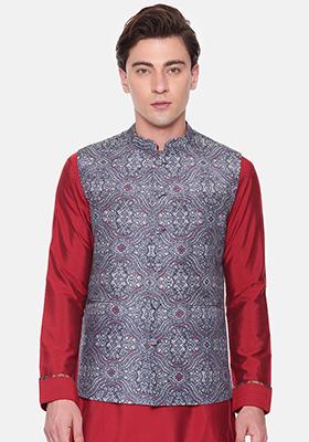 Blue Printed Bemberg Linen Nehru Jacket For Men