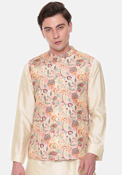 Peach Floral Print Muslin Nehru Jacket For Men